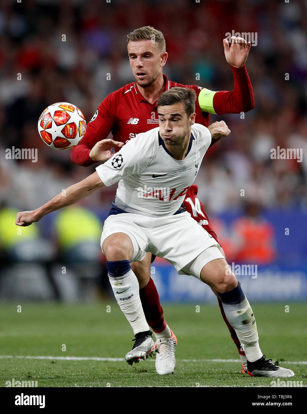 Tottenham Hotspur s Harry Winks front and Liverpool s Jordan Henderson back battle for the ball during the UEFA Champions League Final at the Wanda Metropolitano Madrid Stock Photo Alamy