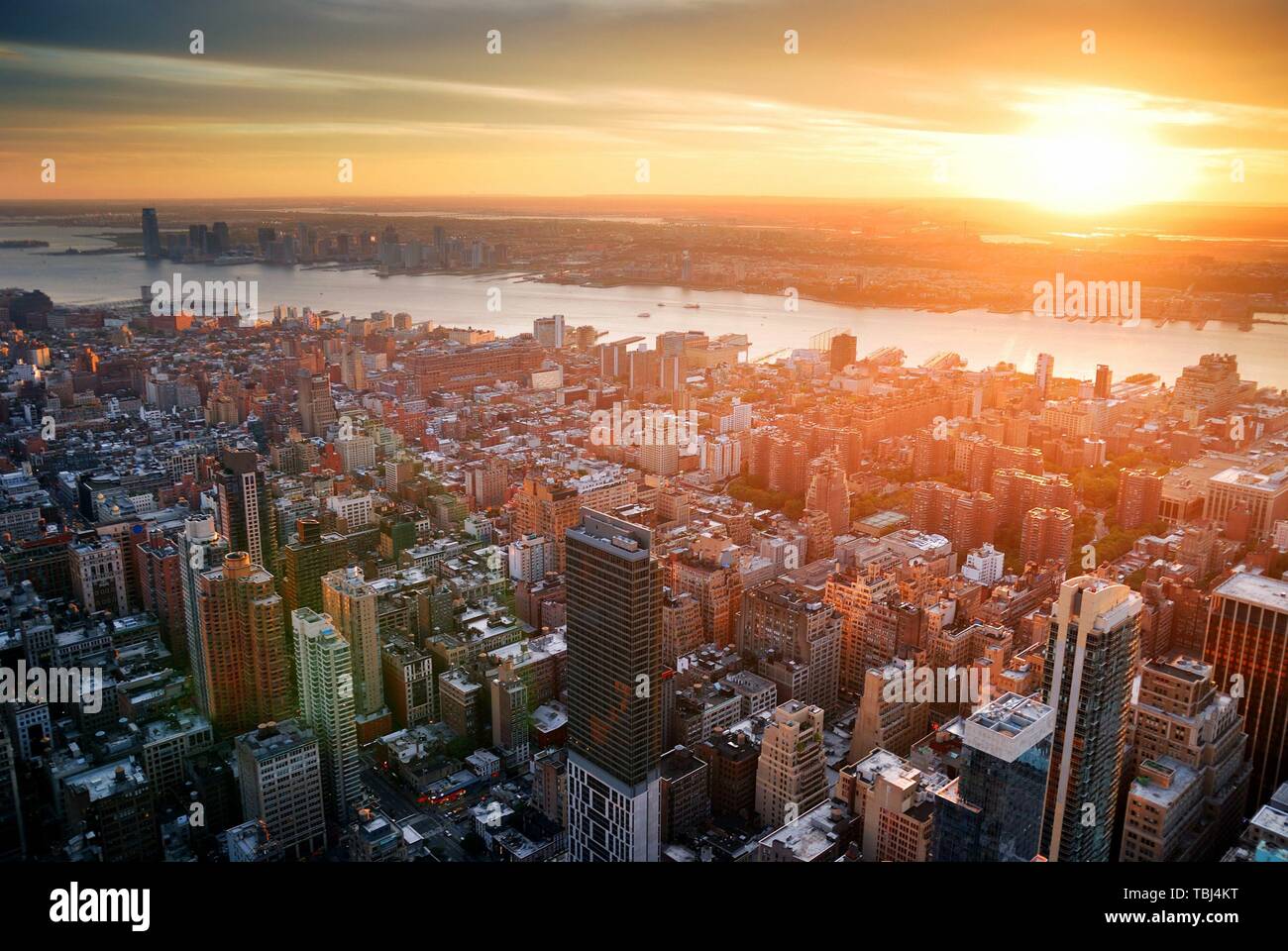 New York City Manhattan sunset skyline aerial view with office building ...