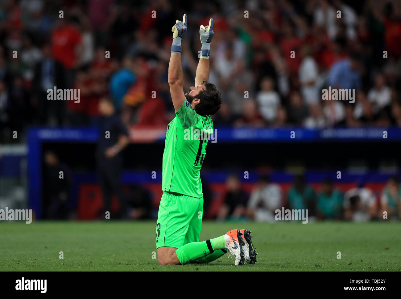Liverpool Goalkeeper Alisson Becker Celebrates Team Mate Divock Origi S Second Goal Of The Game During The Uefa Champions League Final At The Wanda Metropolitano Madrid Stock Photo Alamy