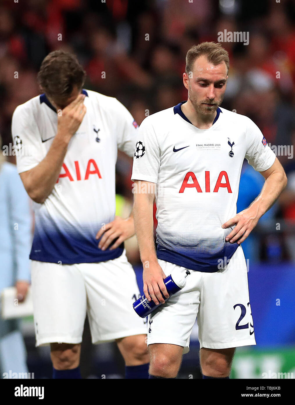 Tottenham Hotspur's Fernando Llorente and Christian Eriksen reacts after the final whistle during the UEFA Champions League Final at the Wanda Metropolitano, Madrid. Stock Photo