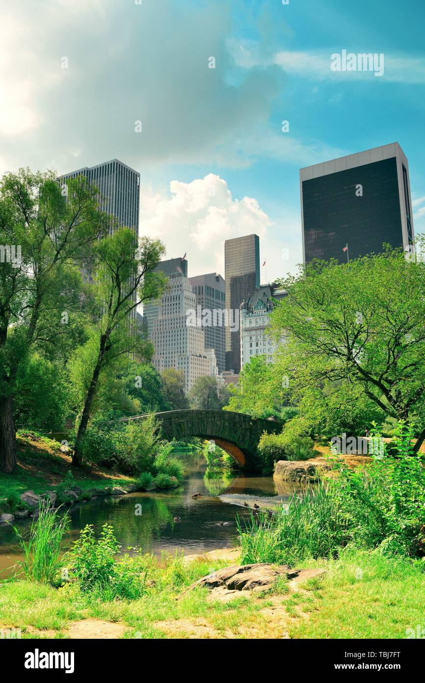 Central Park Spring with skyline in midtown Manhattan New York City