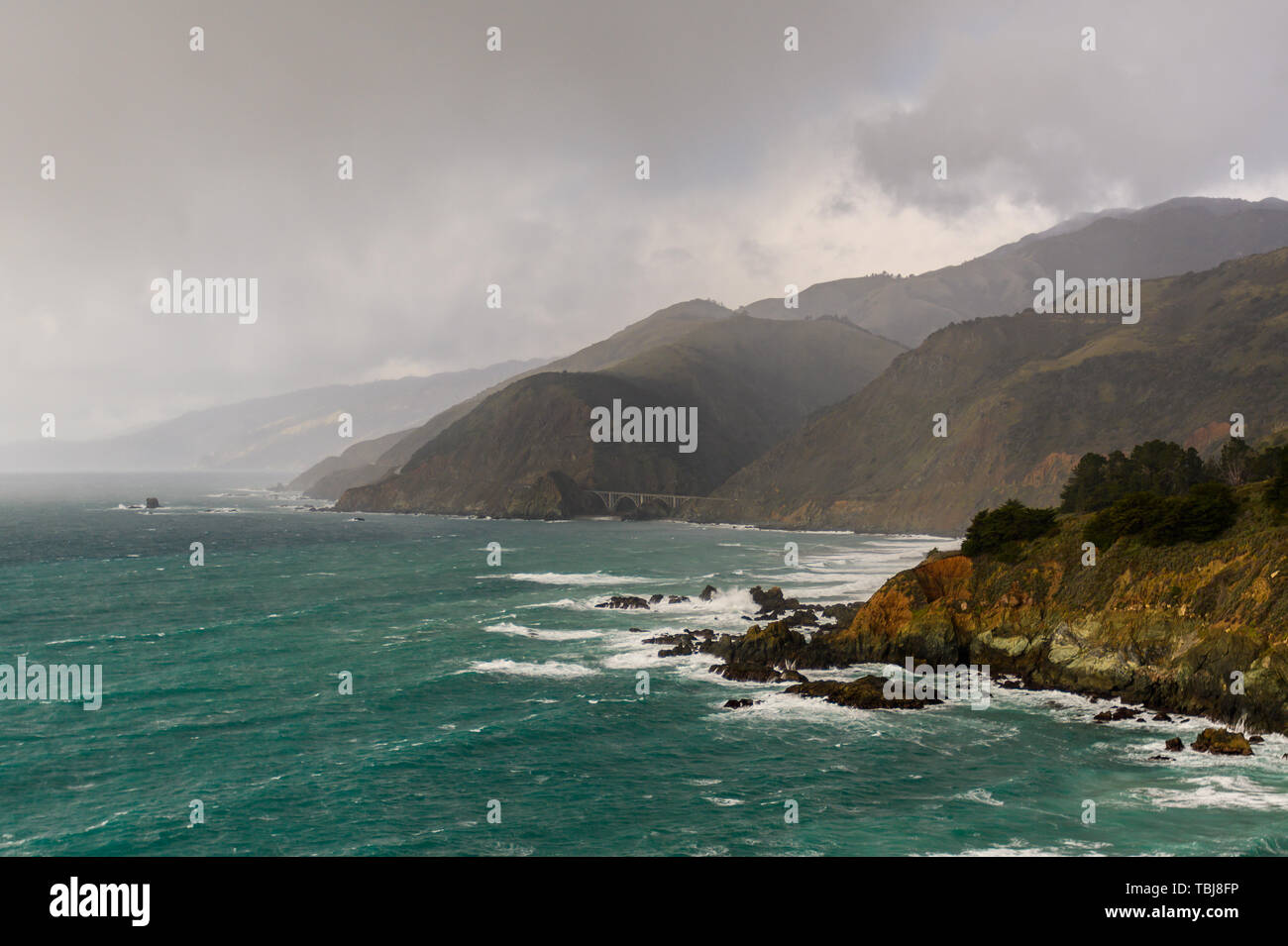 Rain Storm Blows Over Big Sur Coast with sun breaking through Stock ...