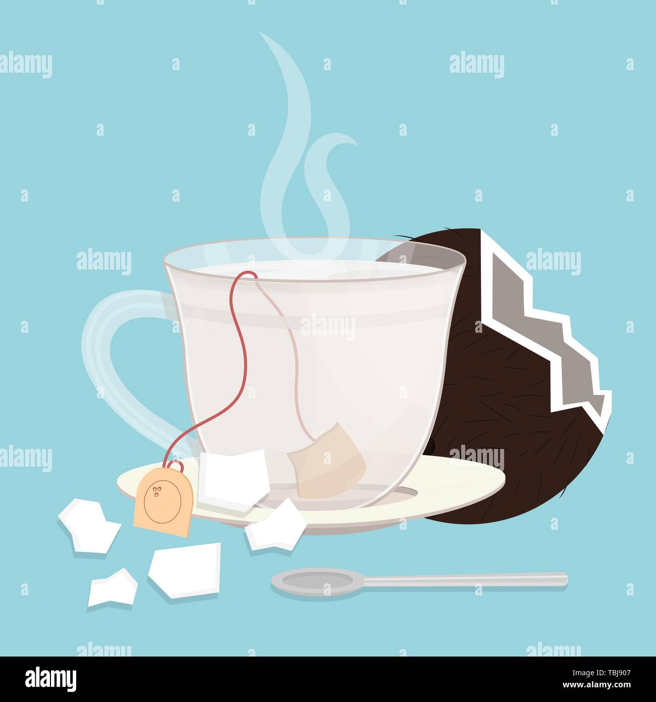 Cup of coconut tea. Tea sachet with pieces of coconut on the saucer. Coconut fruit behind the cup. Smoke on the drink. Spoon in front of cup. Stock Vector