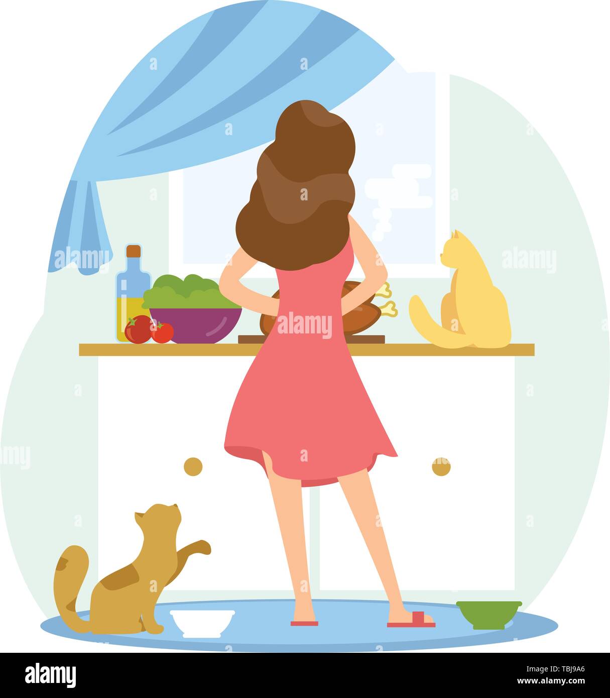 Girl is cooking in the kitchen whis her cats. Home scene with woman and her pets. Lonely pet owner. Back view. Colorful vector illustration in flat ca Stock Vector