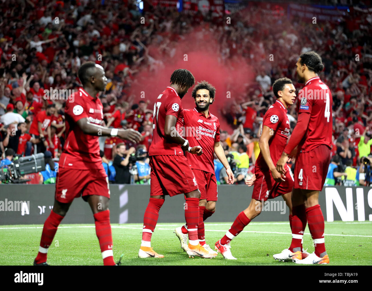 Liverpool S Divock Origi Centre Left After Scoring His Side S Second Goal With Team Mate Mohamed Salah Centre Right During The Uefa Champions League Final At The Wanda Metropolitano Madrid Stock Photo Alamy Liverpool S Divock Origi Centre Left After Scoring His Side S Second Goal With Team Mate Mohamed Salah Centre Right During The Uefa Champions League Final At The Wanda Metropolitano Madrid Stock Photo Alamy