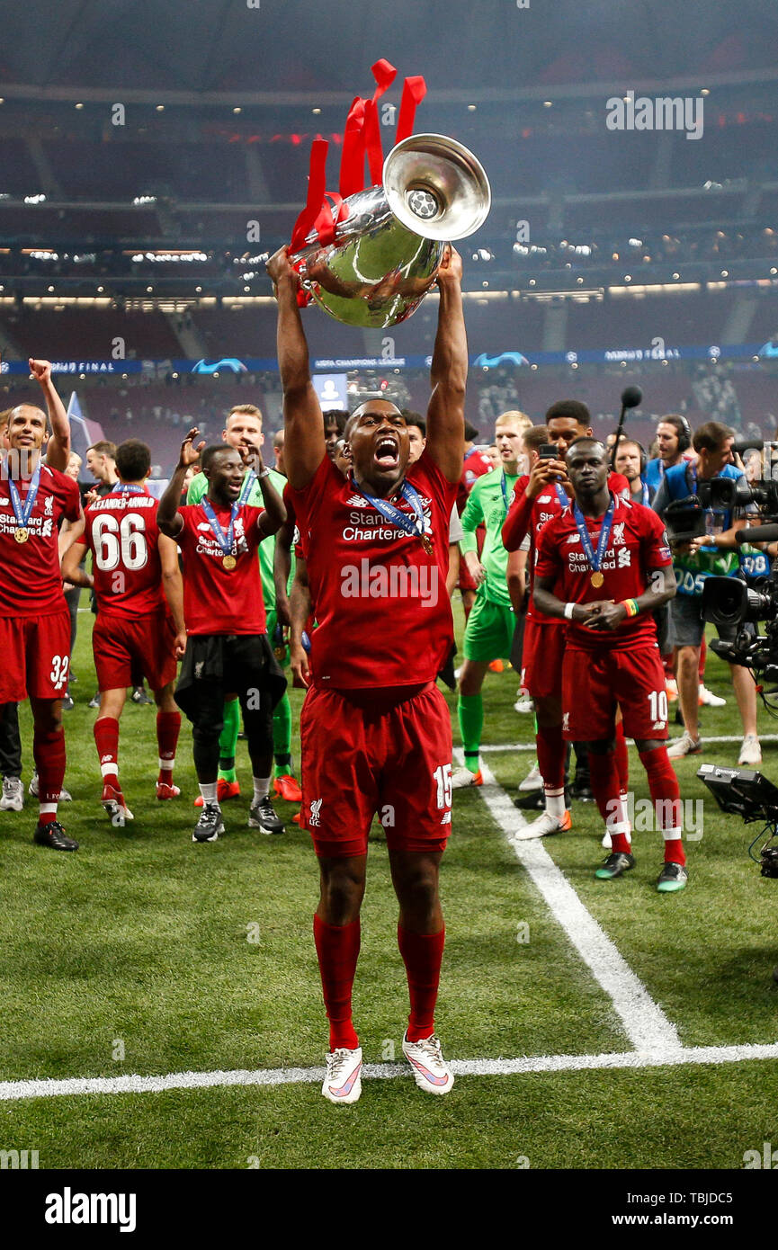 Madrid Spain. 01st June 2019. Daniel Sturridge of Liverpool celebrates after the UEFA Champions League Final match between Tottenham Hotspur and Liverpool at Wanda Metropolitano on June 1st 2019 in Ma...