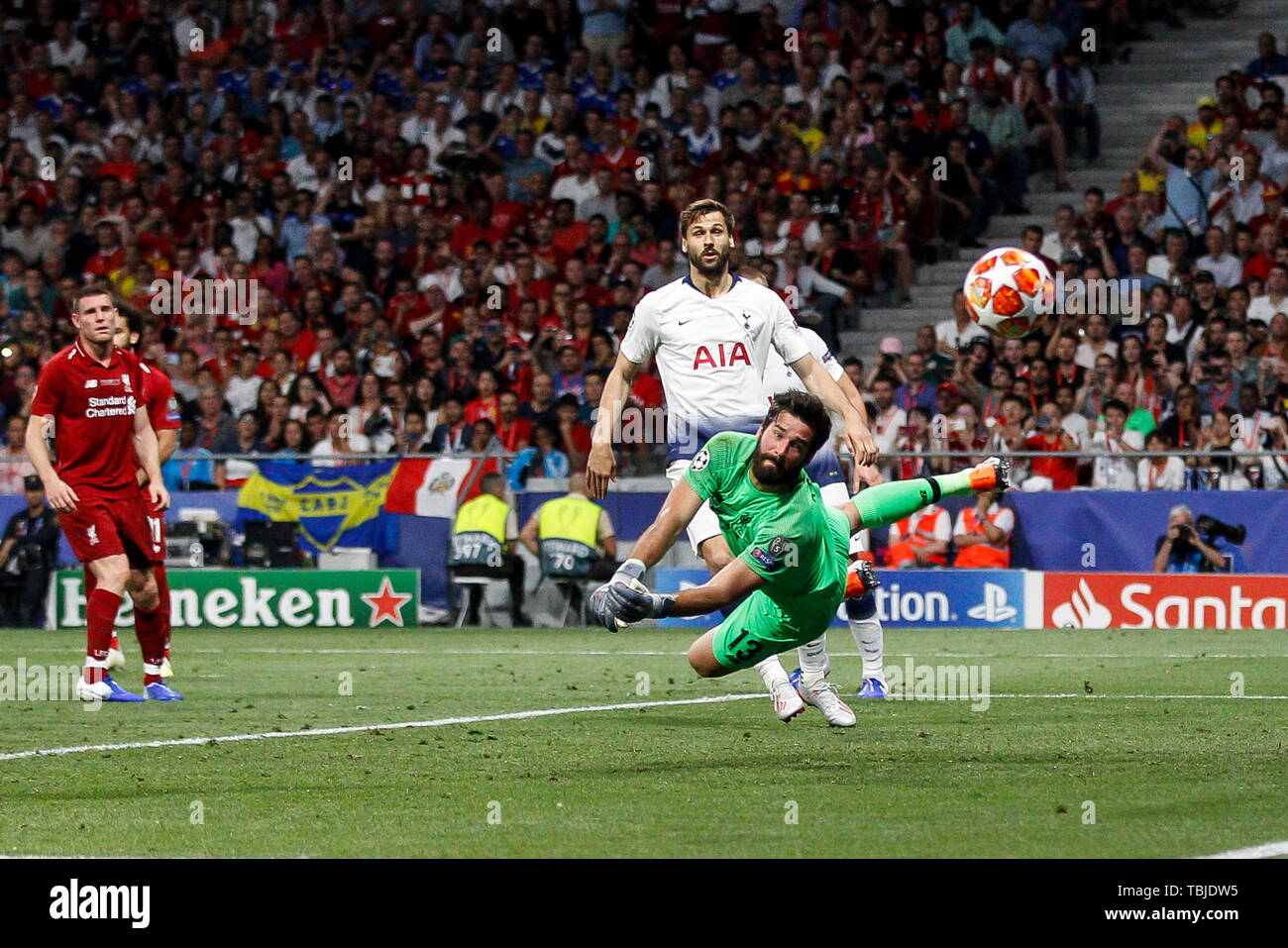 Madrid, Spain. 01st June, 2019. Alisson Becker of Liverpool makes a ...