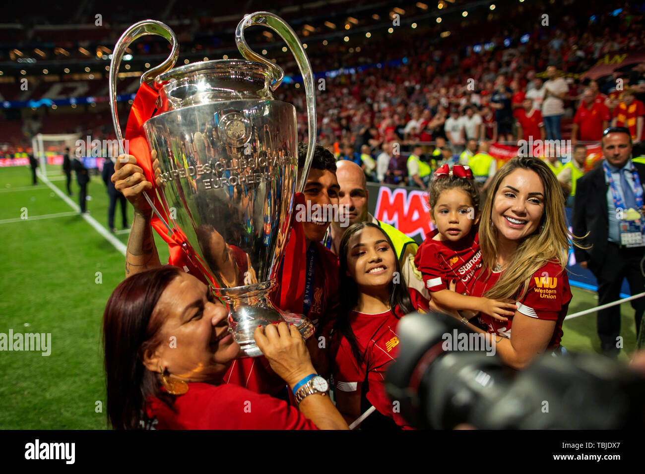 Madrid, Spain. 02nd June, 2019. UEFA Champions League Final, Tottenham  Hotspur versus Liverpool FC; Roberto Firmino of Liverpool celebrates with  the UEFA Champions League trophy Credit: Action Plus Sports Images/Alamy  Live News