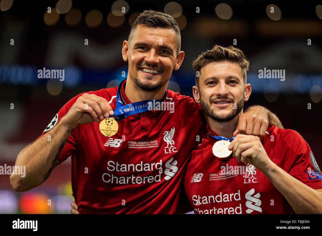 Madrid, Spain. 02nd June, 2019. UEFA Champions League Final, Tottenham  Hotspur versus Liverpool FC; Dejan Lovren and Adam Lallana of Liverpool  with their UEFA Champions League medals Credit: Action Plus Sports  Images/Alamy