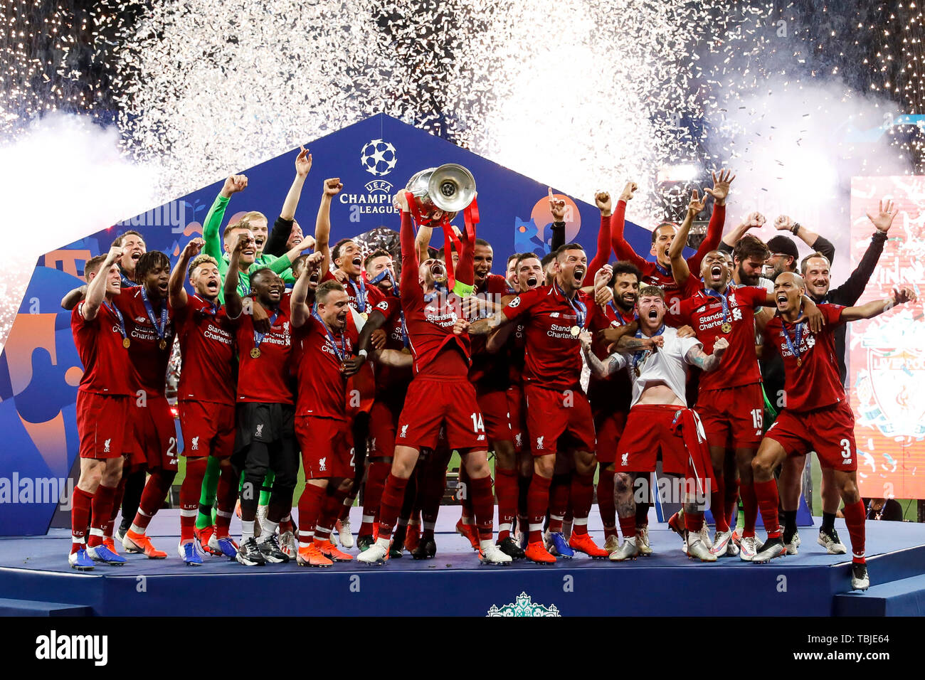 Madrid, Spain. 01st June, 2019. Jordan Henderson of Liverpool lifts the  trophy after winning the UEFA Champions League Final match between  Tottenham Hotspur and Liverpool at Wanda Metropolitano on June 1st 2019