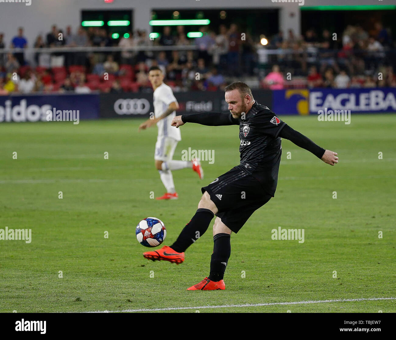 Washington DC, USA. 1st June, 2019. D.C. United Forward (9) Wayne Rooney clears the ball during an MLS soccer match between the D.C. United and the San Jose Earthquakes at Audi Field in Washington DC. Justin Cooper/CSM/Alamy Live News Stock Photo