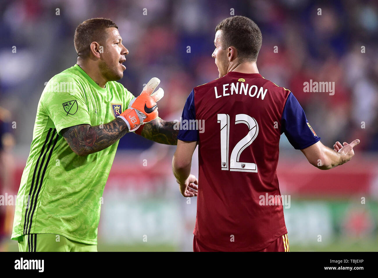Harrison, New Jersey, USA. 1st June, 2019. Real Salt Lake goalkeeper NICK RIMANDO (18) and Real Salt Lake midfielder BROOKS LENON (12) are seen after conceding a fourth goal at Red Bull Arena in Harrison New Jersey New York defeats Real Salt Lake 4 to 0 Credit: Brooks Von Arx/ZUMA Wire/Alamy Live News Stock Photo