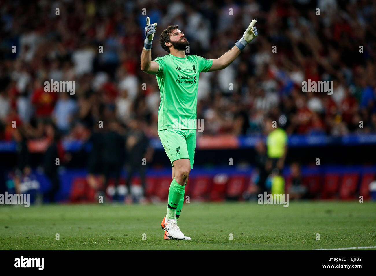 Madrid, Spain. 01st June, 2019. Alisson Becker of Liverpool celebrates ...