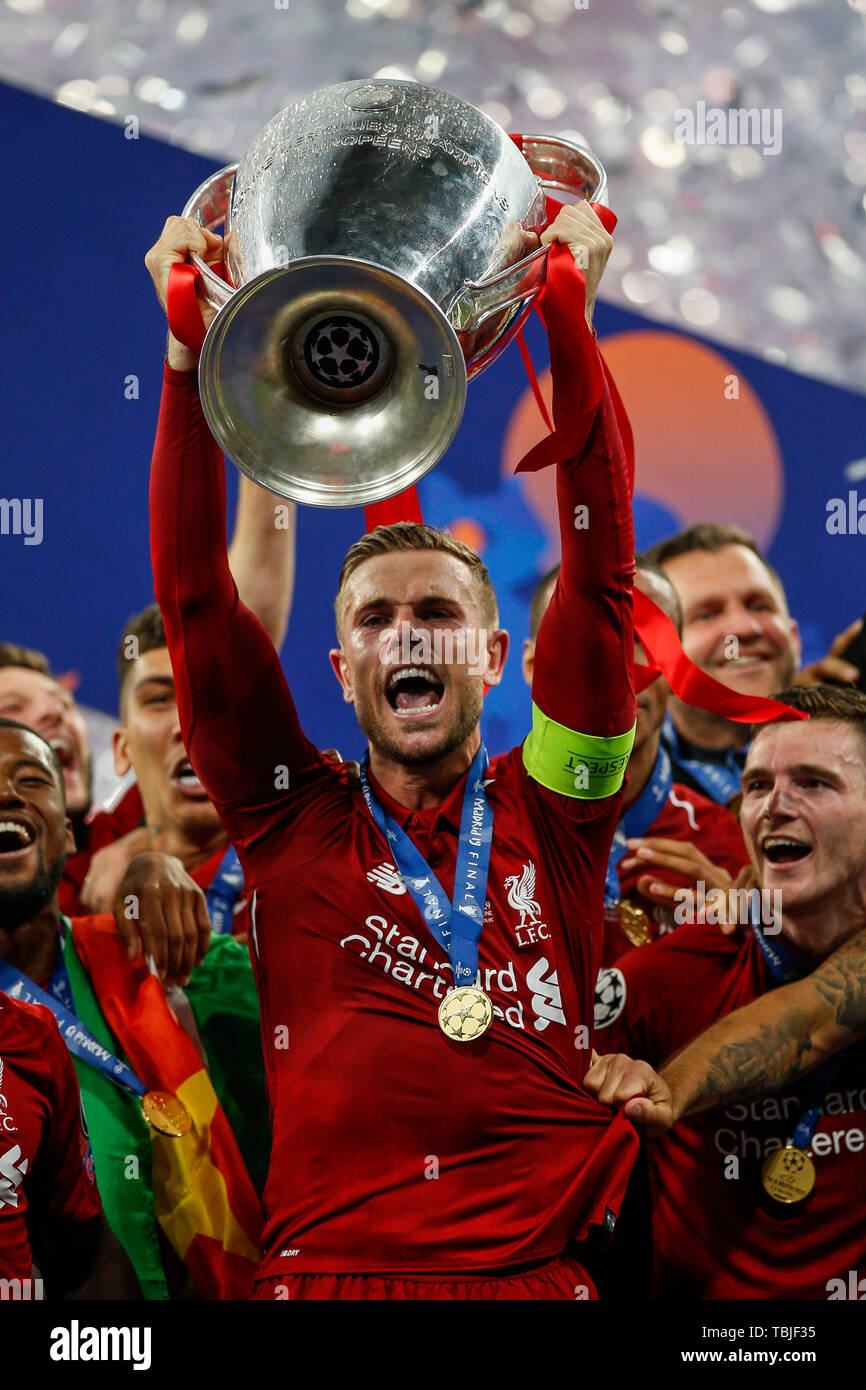 Madrid, Spain. 01st June, 2019. Jordan Henderson of Liverpool lifts the  trophy after the UEFA Champions League Final match between Tottenham  Hotspur and Liverpool at Wanda Metropolitano on June 1st 2019 in