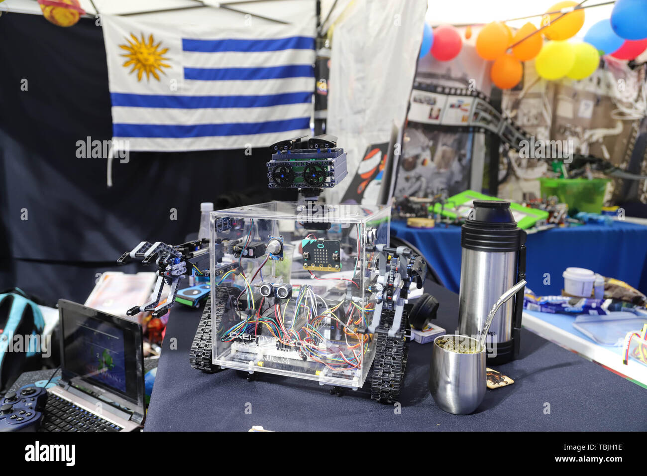 Montevideo, Uruguay. 01st June, 2019. A robot and the Uruguayan traditional  drink "mate" seen during the robotics competition at the Antel Arena in  Montevideo. For the first time, Uruguay hosted the FIRST