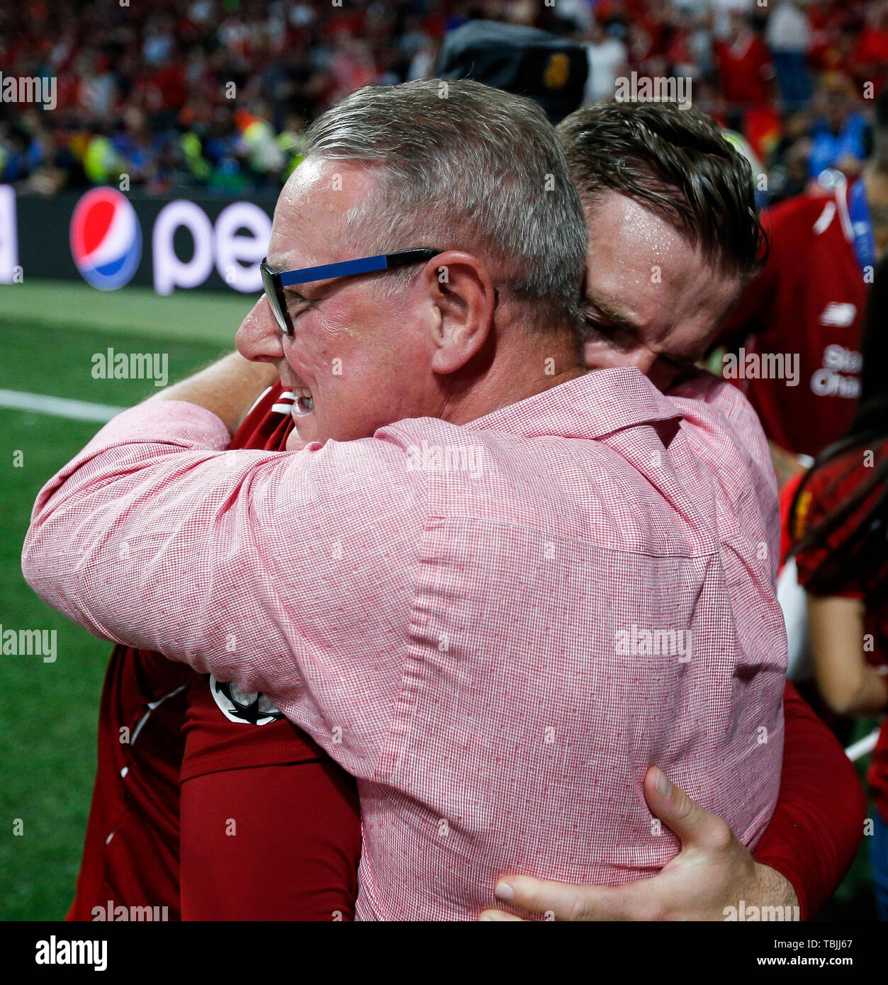 Madrid, Spain. 01st June, 2019. Jordan Henderson of Liverpool celebrates  with his Dad after the UEFA Champions League Final match between Tottenham  Hotspur and Liverpool at Wanda Metropolitano on June 1st 2019