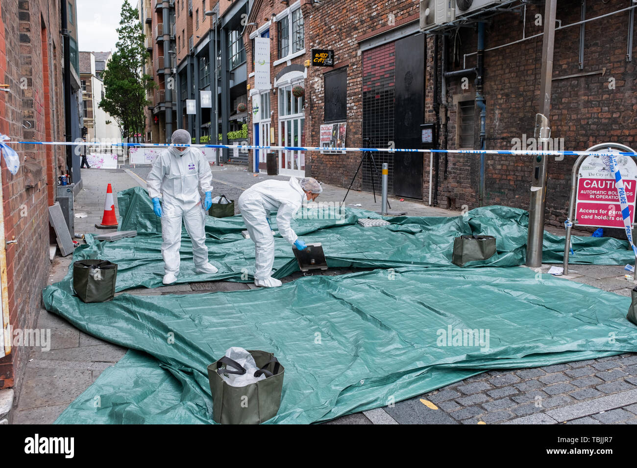 Liverpool, UK. June 2, 2019. A murder investigation was launched by Merseyside Police in Liverpool city centre. A man died after being stabbed when a fight broke out at Wild Cat and Ink bars on Back Colquitt Street around 3am on Sunday, June 2, 2019. A 33-year-old man from Liverpool who suffered a stab wound to his chest was taken to hospital where he died a short time later. The incident happened following Liverpool's Champions League final success. Credit: Christopher Middleton/Alamy Live News Stock Photo