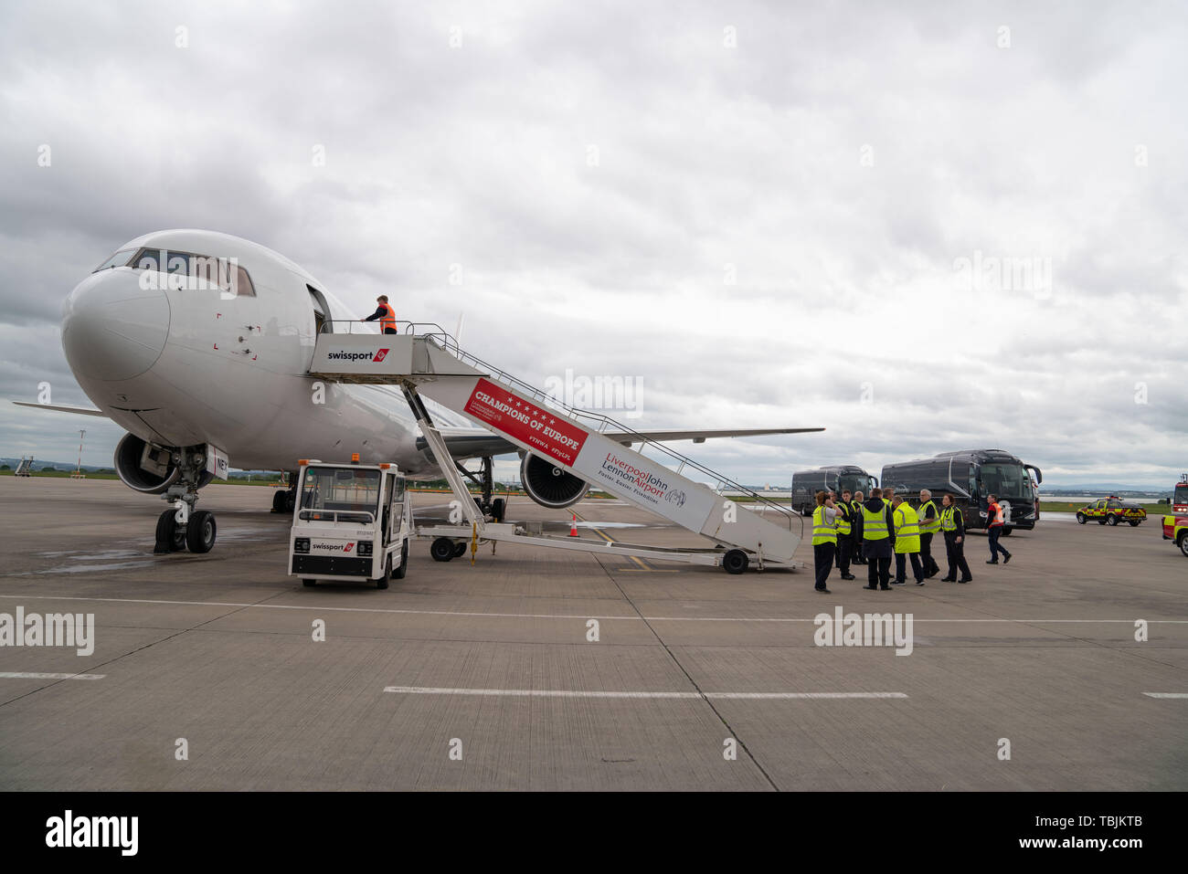 Liverpool, UK. 02nd June, 2019. The airplane carrying the Liverpool Football team and European Cup lands at Liverpool airport. Liverpool, UK. 2nd June, 2019. UEFA Champions League, Liverpool FC Champions League winners celebrations and open top bus parade ; Credit: Terry Donnelly/News Images Credit: News Images /Alamy Live News Stock Photo