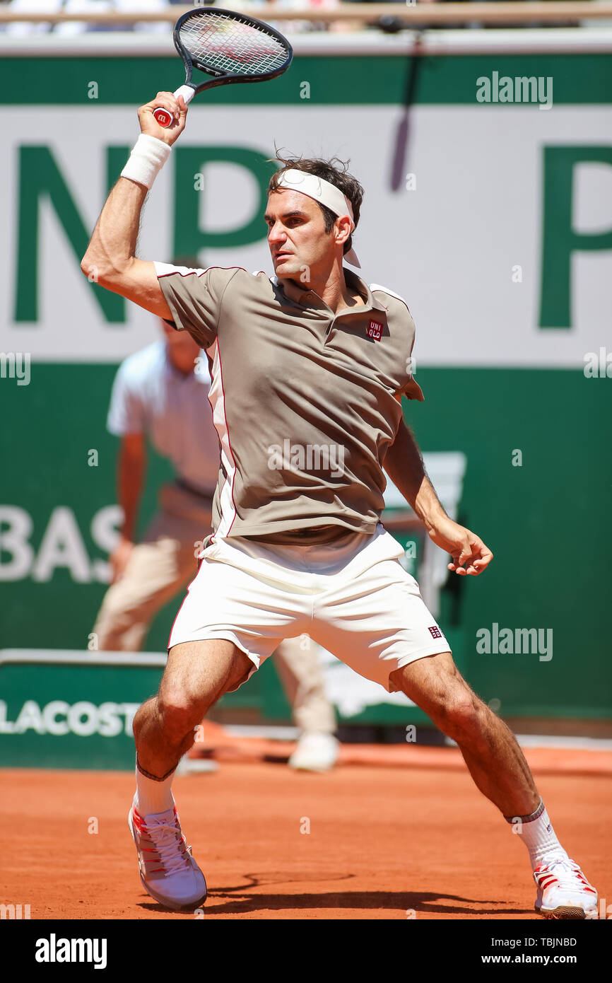 Paris, France. 2nd June 2019. Roger Federer of Switzerland during the men's  singles fourth round match of the French Open tennis tournament against  Leonardo Mayer of Argentina at the Roland Garros in