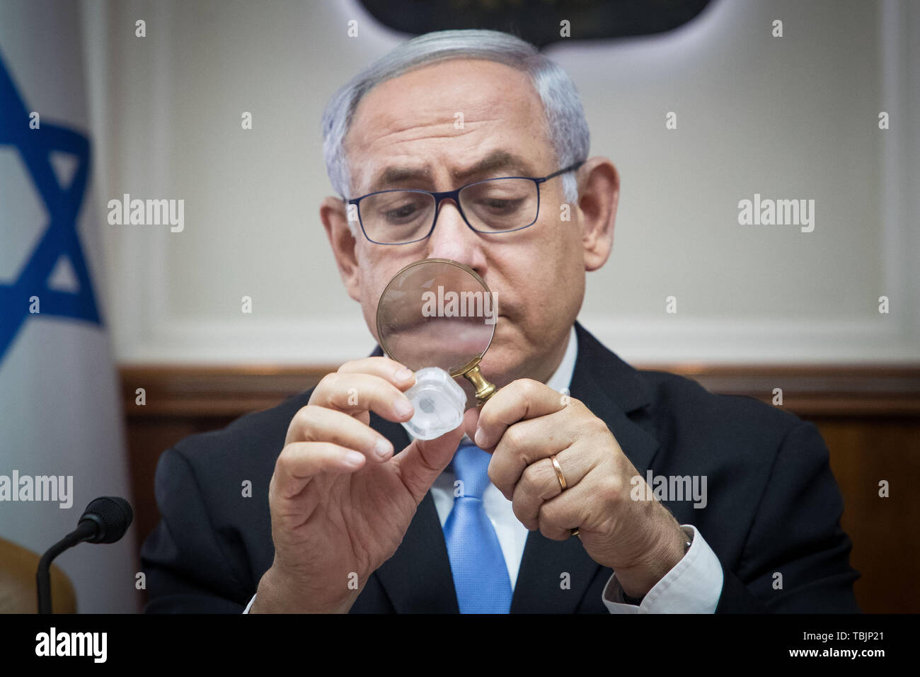 Jerusalem. 2nd June, 2019. Israeli Prime Minister Benjamin Netanyahu attends the weekly cabinet meeting in Jerusalem, June 2, 2019. The Israeli parliament, known as the Knesset, dissolved itself last Wednesday and scheduled another general election for mid-September of this year. The development came after Israeli Prime Minister Benjamin Netanyahu failed to form a coalition government. Credit: JINI/Yonatan Sindel/Xinhua/Alamy Live News Stock Photo