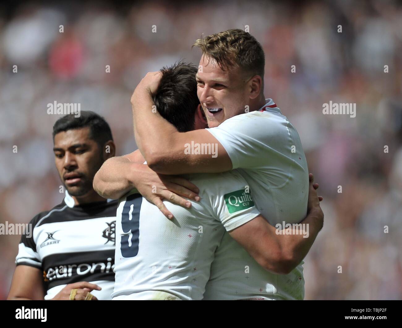 Twickenham Stadium. London. UK. 2nd June 2019. Quilter Cup. England XV v Babarians. Alex Dombrandt (England) is congratulated by Alex Mitchell (England). 02/06/2019. Credit: Sport In Pictures/Alamy Live News Credit: Sport In Pictures/Alamy Live News Stock Photo