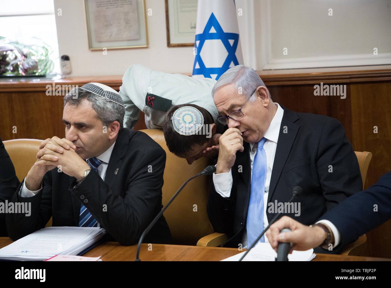 Jerusalem. 2nd June, 2019. Israeli Prime Minister Benjamin Netanyahu (R) attends the weekly cabinet meeting in Jerusalem, June 2, 2019. The Israeli parliament, known as the Knesset, dissolved itself last Wednesday and scheduled another general election for mid-September of this year. The development came after Israeli Prime Minister Benjamin Netanyahu failed to form a coalition government. Credit: JINI/Yonatan Sindel/Xinhua/Alamy Live News Stock Photo