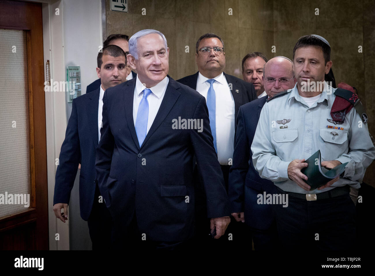 Jerusalem. 2nd June, 2019. Israeli Prime Minister Benjamin Netanyahu (Front) attends the weekly cabinet meeting in Jerusalem, June 2, 2019. The Israeli parliament, known as the Knesset, dissolved itself last Wednesday and scheduled another general election for mid-September of this year. The development came after Israeli Prime Minister Benjamin Netanyahu failed to form a coalition government. Credit: JINI/Yonatan Sindel/Xinhua/Alamy Live News Stock Photo
