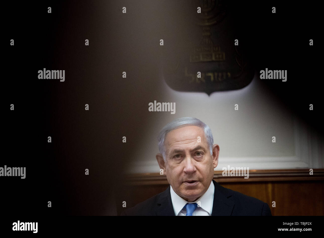 Jerusalem. 2nd June, 2019. Israeli Prime Minister Benjamin Netanyahu attends the weekly cabinet meeting in Jerusalem, June 2, 2019. The Israeli parliament, known as the Knesset, dissolved itself last Wednesday and scheduled another general election for mid-September of this year. The development came after Israeli Prime Minister Benjamin Netanyahu failed to form a coalition government. Credit: JINI/Yonatan Sindel/Xinhua/Alamy Live News Stock Photo
