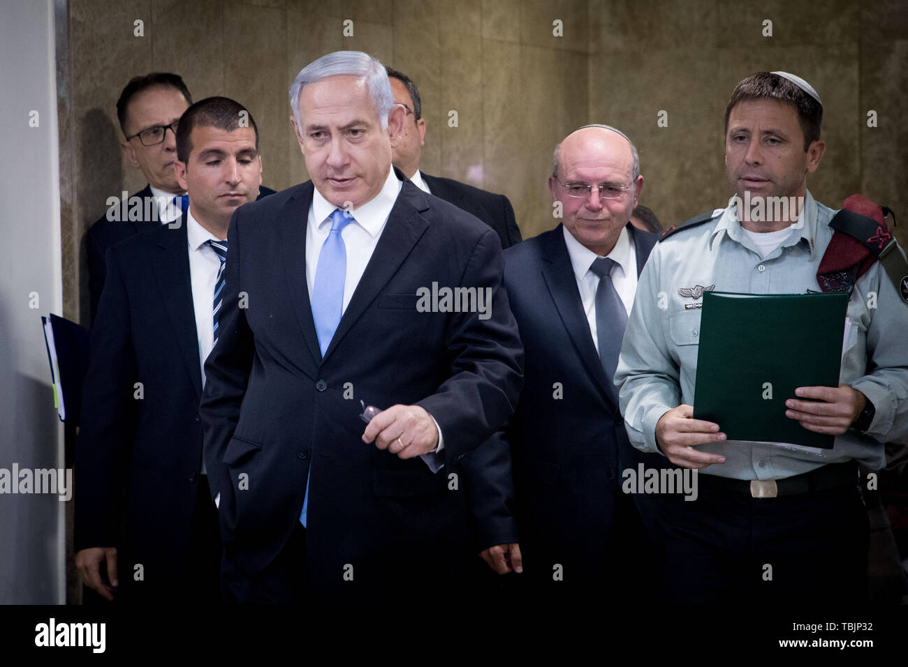 Jerusalem. 2nd June, 2019. Israeli Prime Minister Benjamin Netanyahu (Front) attends the weekly cabinet meeting in Jerusalem, June 2, 2019. The Israeli parliament, known as the Knesset, dissolved itself last Wednesday and scheduled another general election for mid-September of this year. The development came after Israeli Prime Minister Benjamin Netanyahu failed to form a coalition government. Credit: JINI/Yonatan Sindel/Xinhua/Alamy Live News Stock Photo
