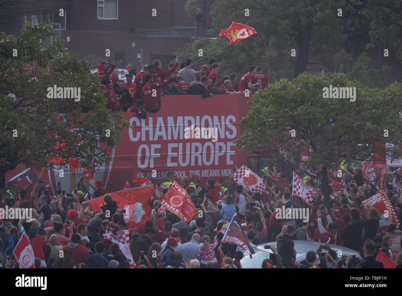 June 2, 2019: Liverpool, UK. Following their Champions League success last night, Liverpool Football Club parade the Champions League trophy on an open top bus through the Old Swan area of Liverpool. Credit: Christopher Middleton/Alamy Live News Stock Photo
