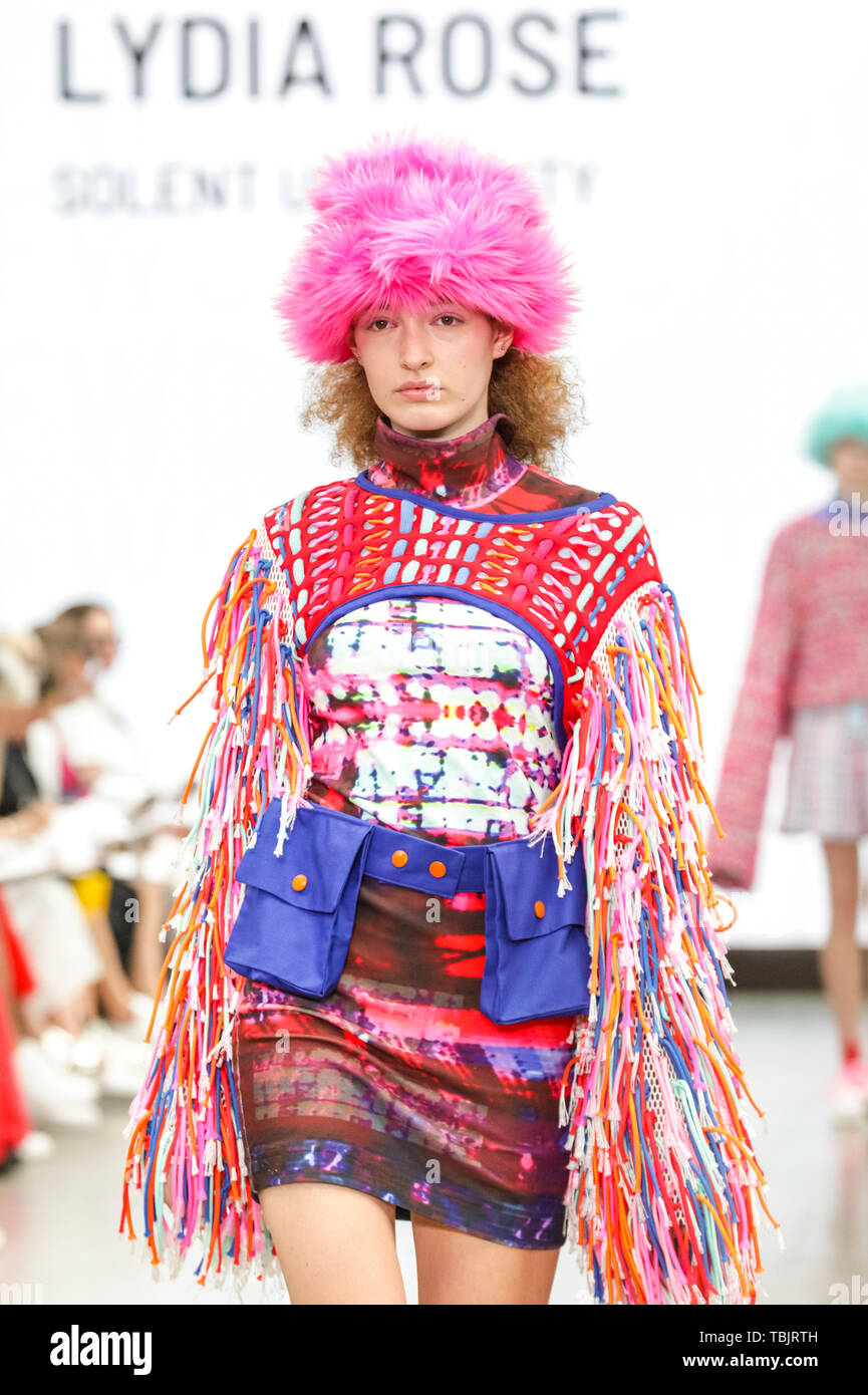London, UK, 02 June 2019. A model walks the runway in a design by Lydia Rose, Solent University. Graduate Fashion week is held at the Old Truman Brewery, and a showcase and springboard for new talent from British fashion schools to the international fashion industry. Stock Photo