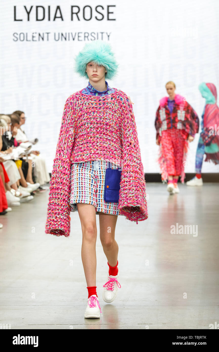 London, UK, 02 June 2019.  A model walks the runway in a design by Lydia Rose, Solent University.   Graduate Fashion week is held at the Old Truman Brewery, and a showcase and springboard for new talent from British fashion schools to the international fashion industry. Stock Photo