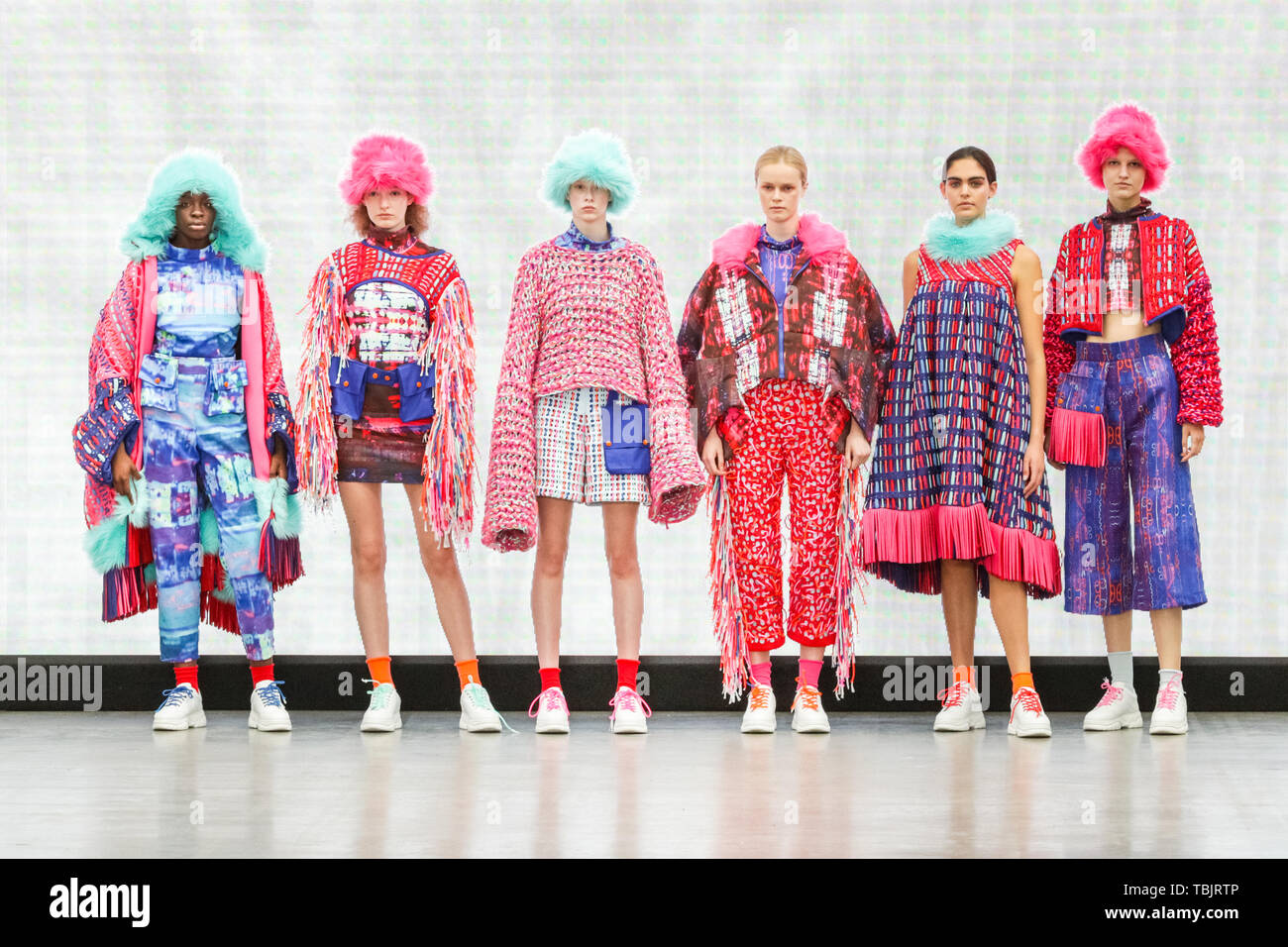 London, UK, 02 June 2019. Models on the runway in designs by Lydia Rose, Solent University. Graduate Fashion week is held at the Old Truman Brewery, and a showcase and springboard for new talent from British fashion schools to the international fashion industry. Stock Photo