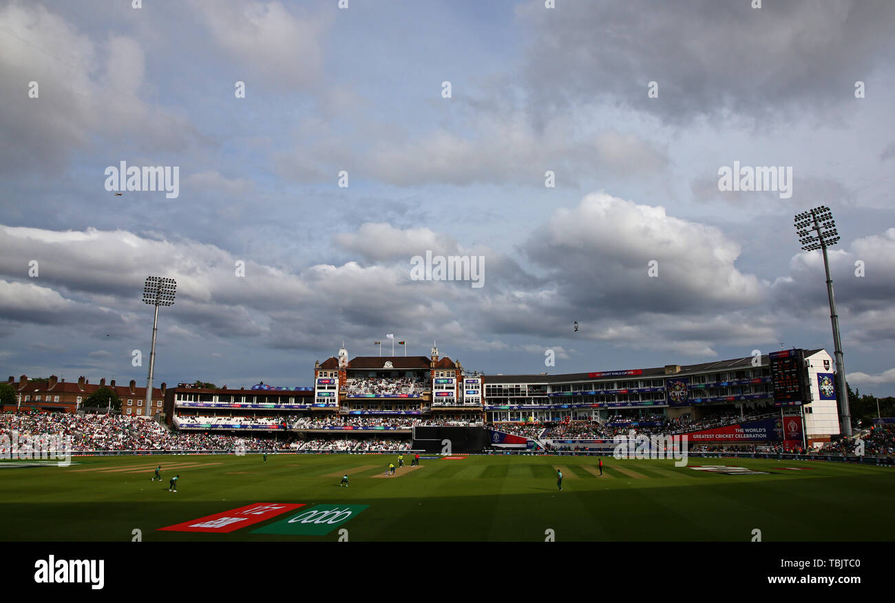 LONDON, ENGLAND. 02 JUNE 2019: A general view of play with the pavilion in the background during the South Africa v Bangladesh, ICC Cricket World Cup match, at the Kia Oval, London, England. Credit: European Sports Photographic Agency/Alamy Live News Stock Photo