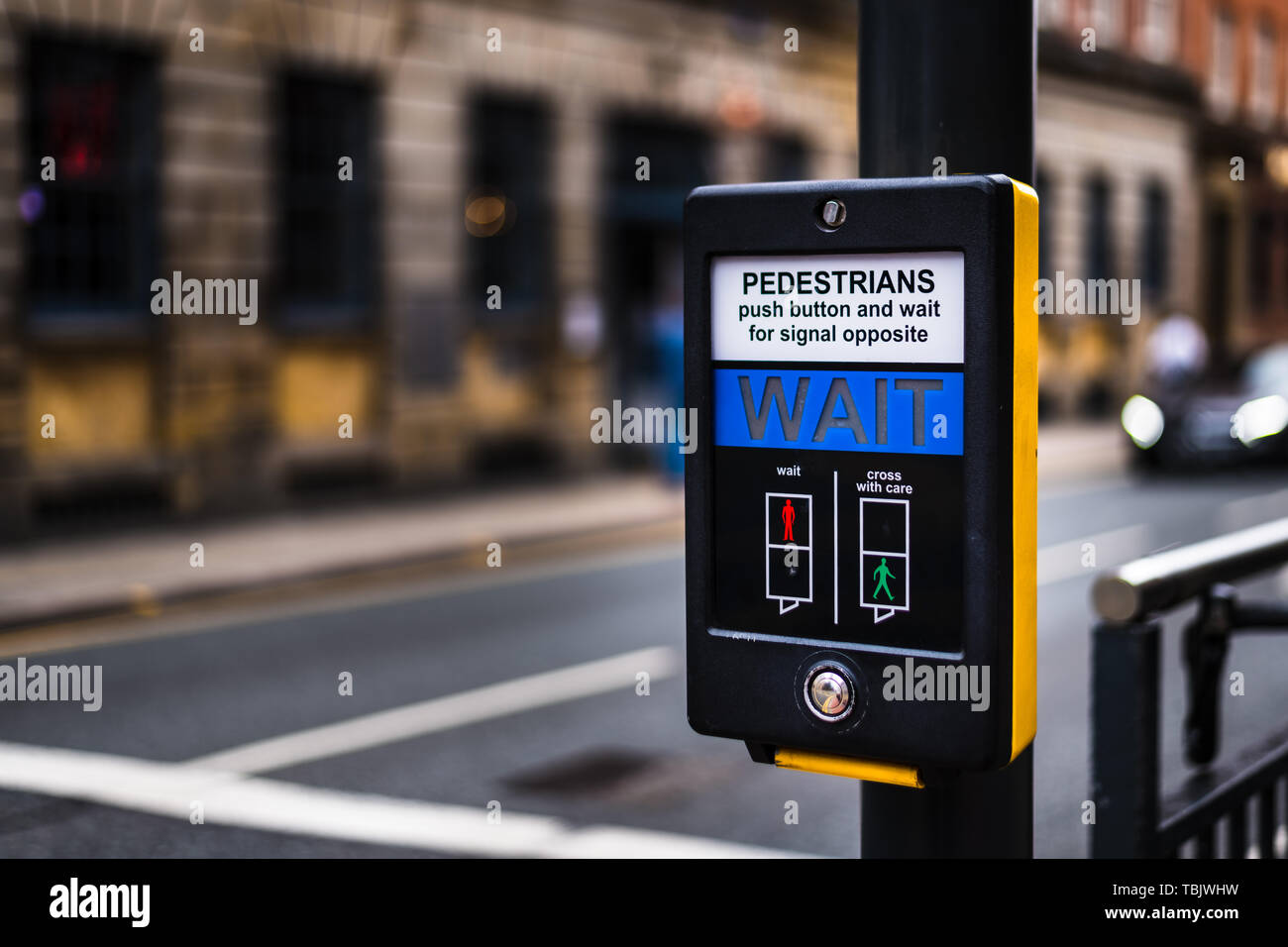 Pedestrian Crossing button in Leeds City Centre Stock Photo