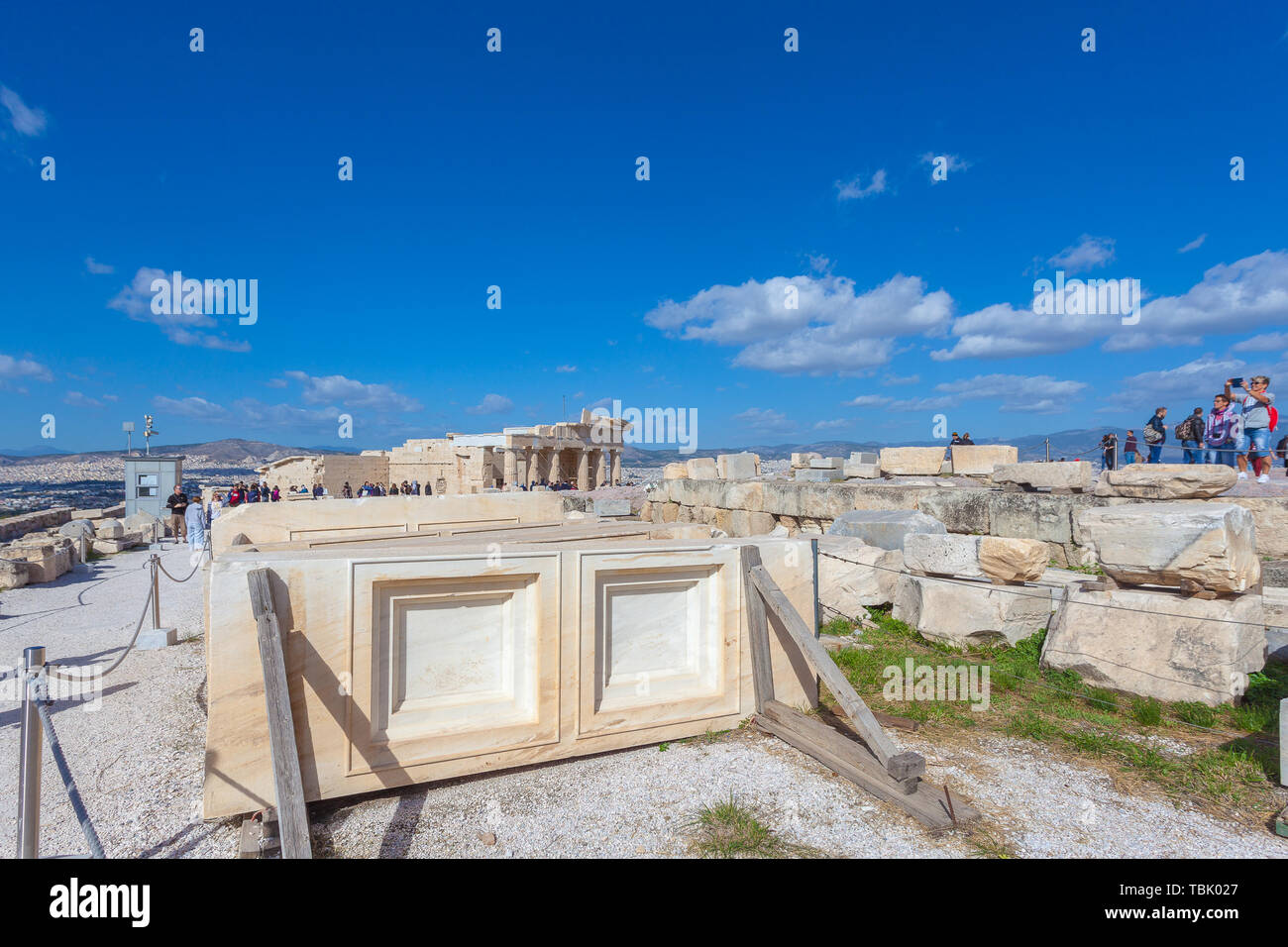 ATHENS GREECE - OCTOBER 25 2018: Tourists take photos in the Acropolis Stock Photo