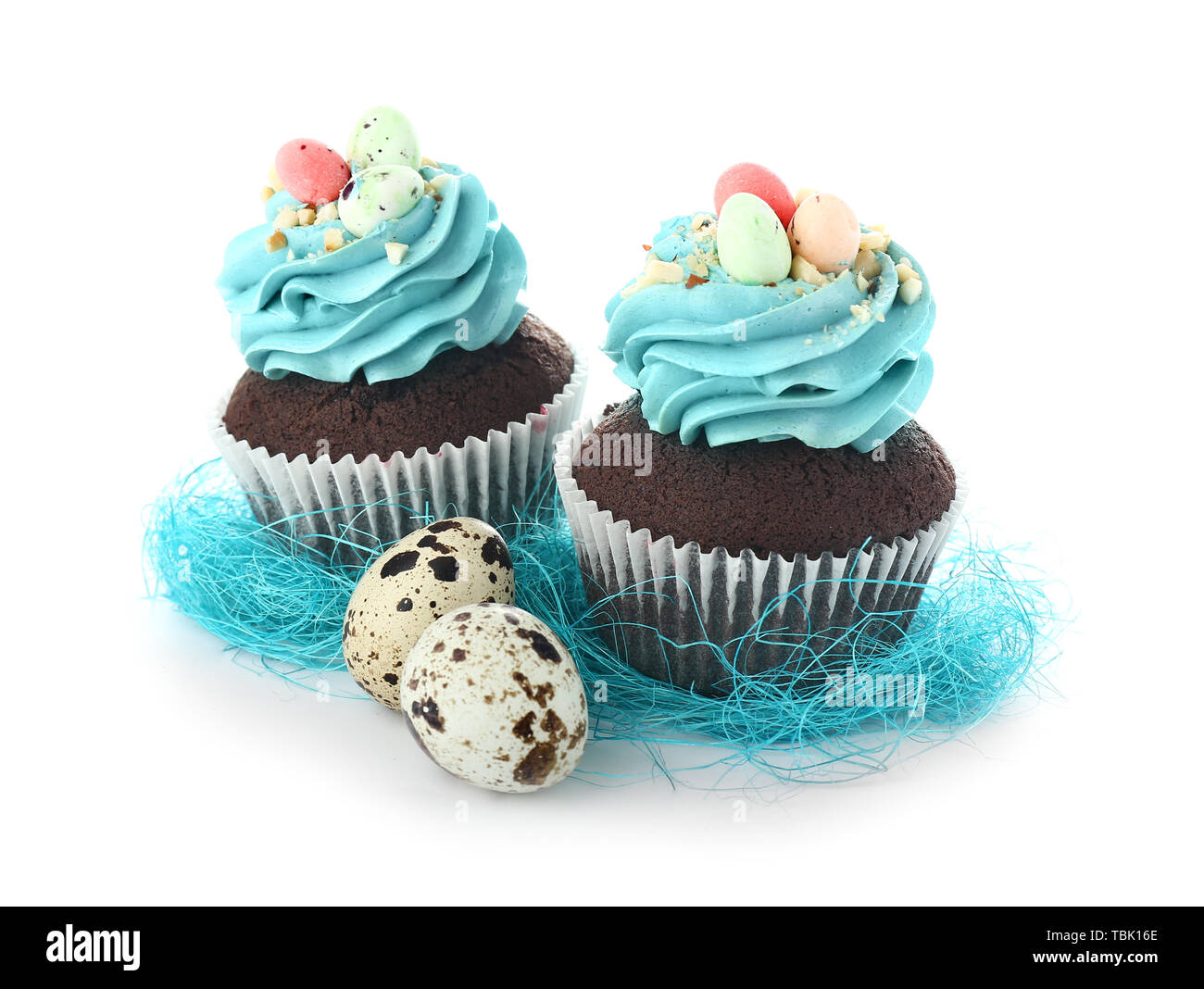 Sweet Easter cupcakes on white background Stock Photo