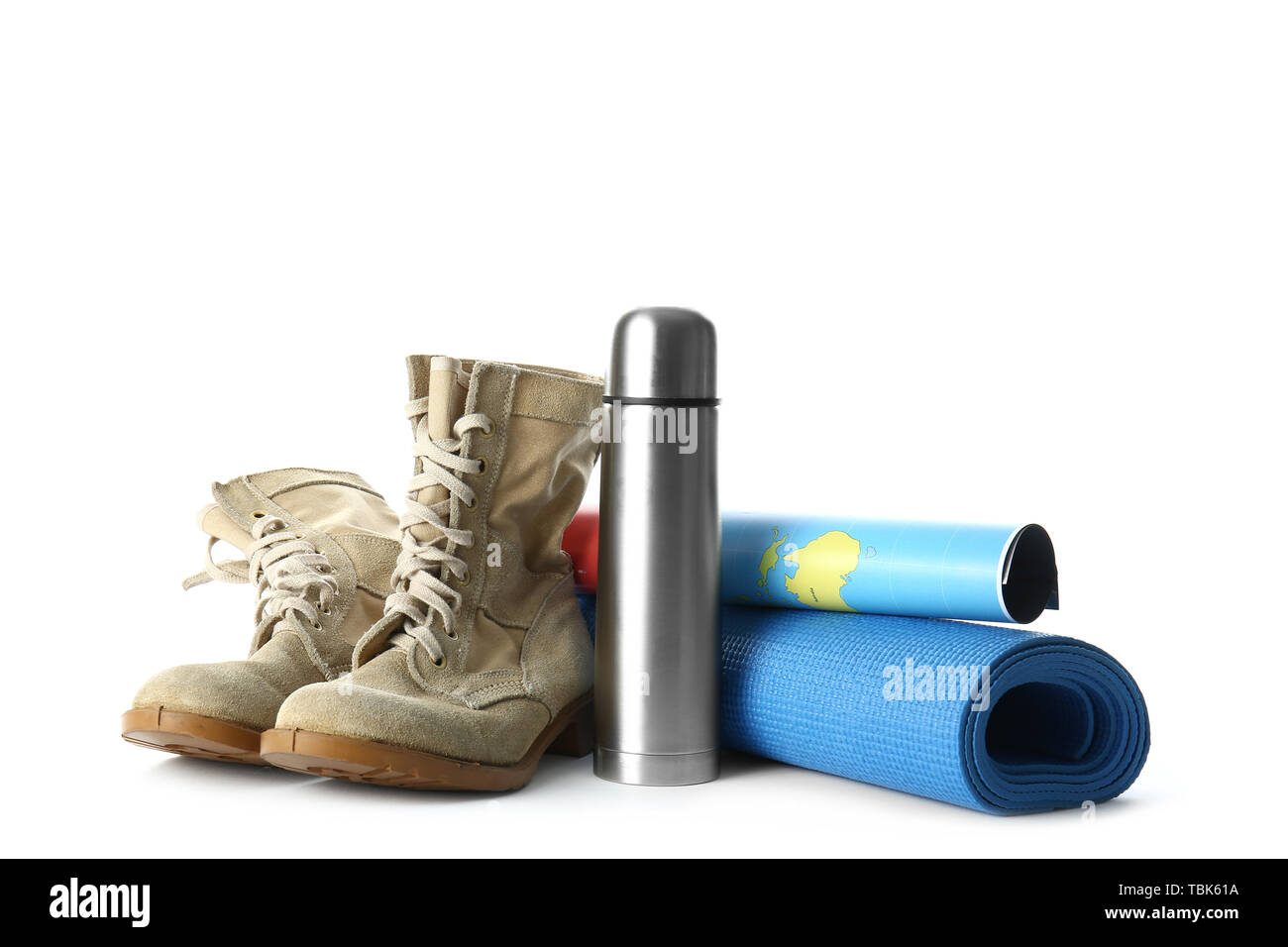 Set of items for tourist on white background Stock Photo - Alamy