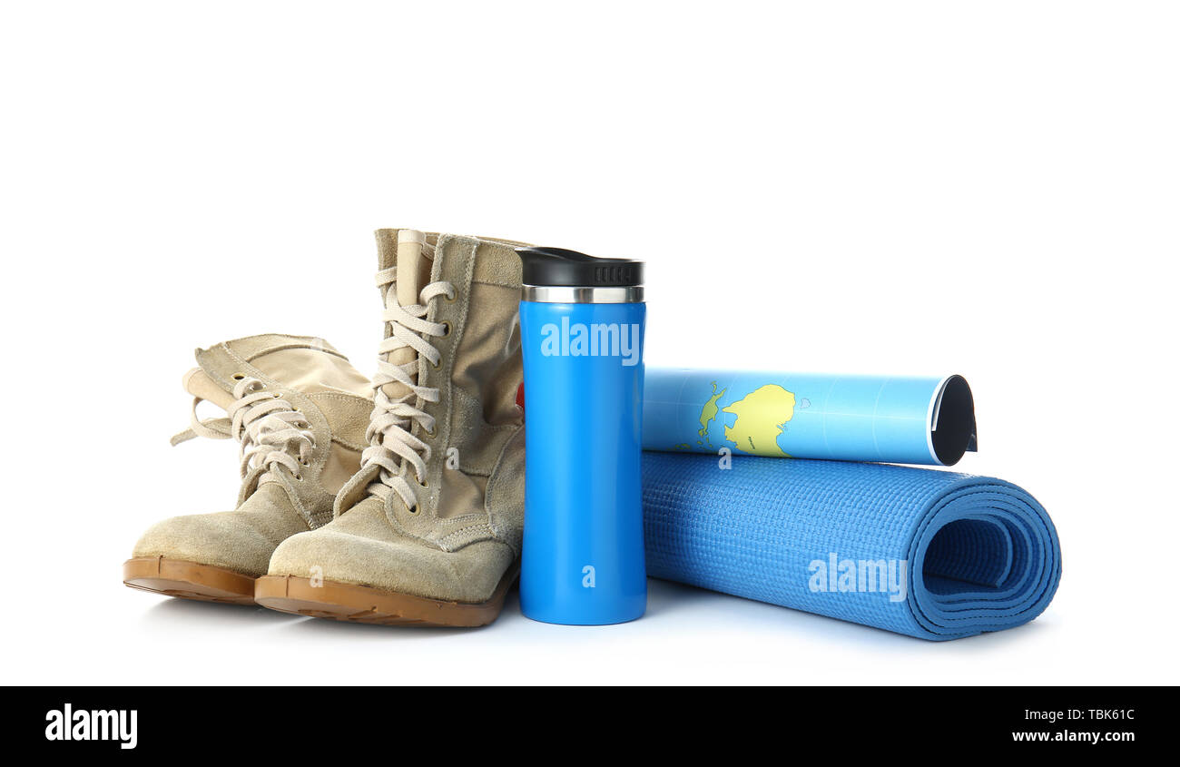 Set of items for tourist on white background Stock Photo - Alamy
