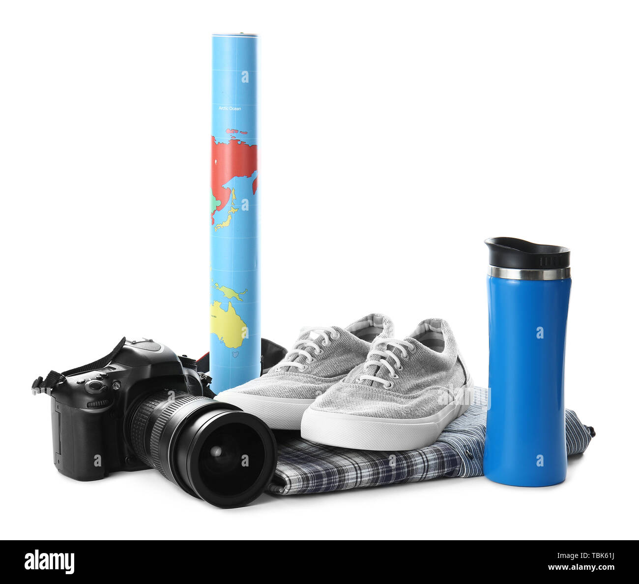 Set of items for tourist on white background Stock Photo - Alamy