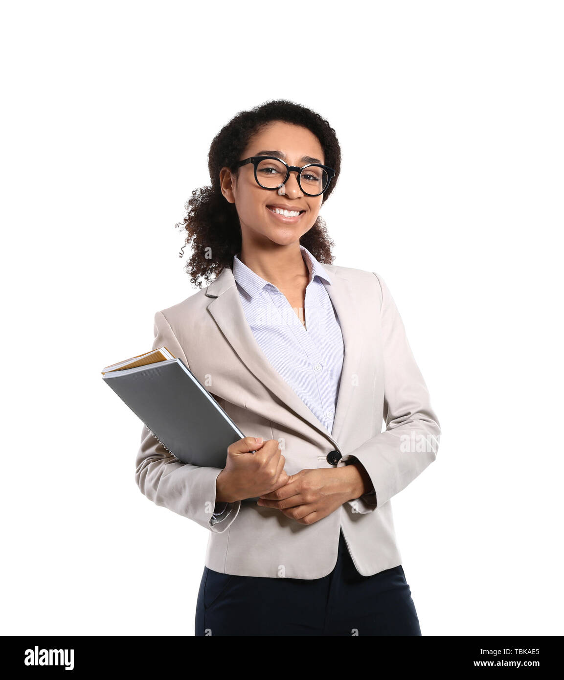 African-American teacher on white background Stock Photo - Alamy