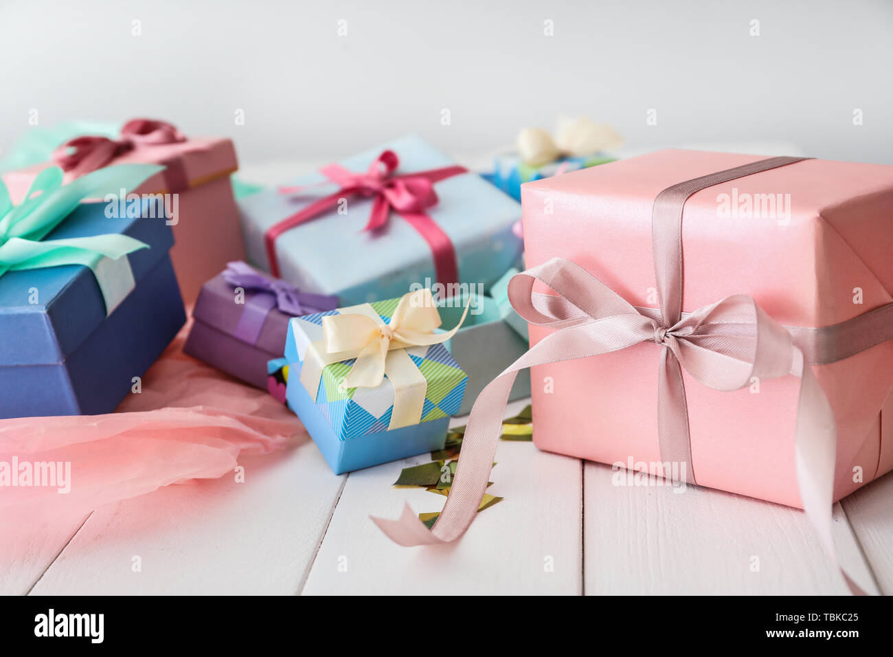 Different gift boxes on white table Stock Photo