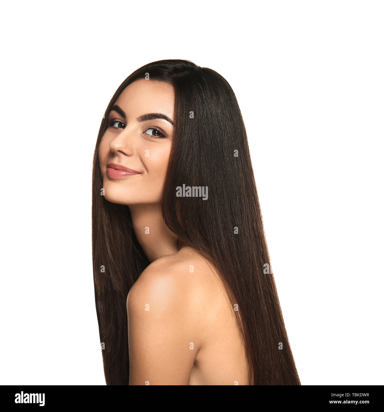 Portrait of beautiful young woman with healthy long hair on white ...