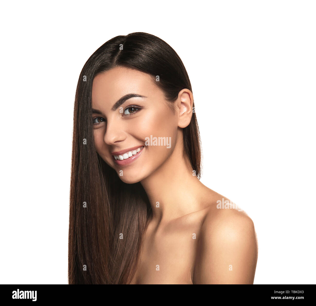 Portrait of beautiful young woman with healthy long hair on white ...