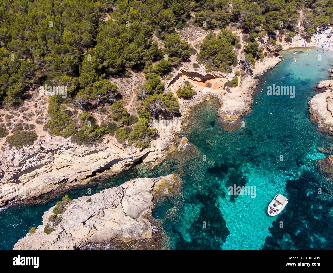 Aerial view, solitude bay Cala Falco or Cap de Falco and Cala Bella Donna with rugged rocky coast, Sol de Majorca, region Cala Vinyes and Calvia Stock Photo