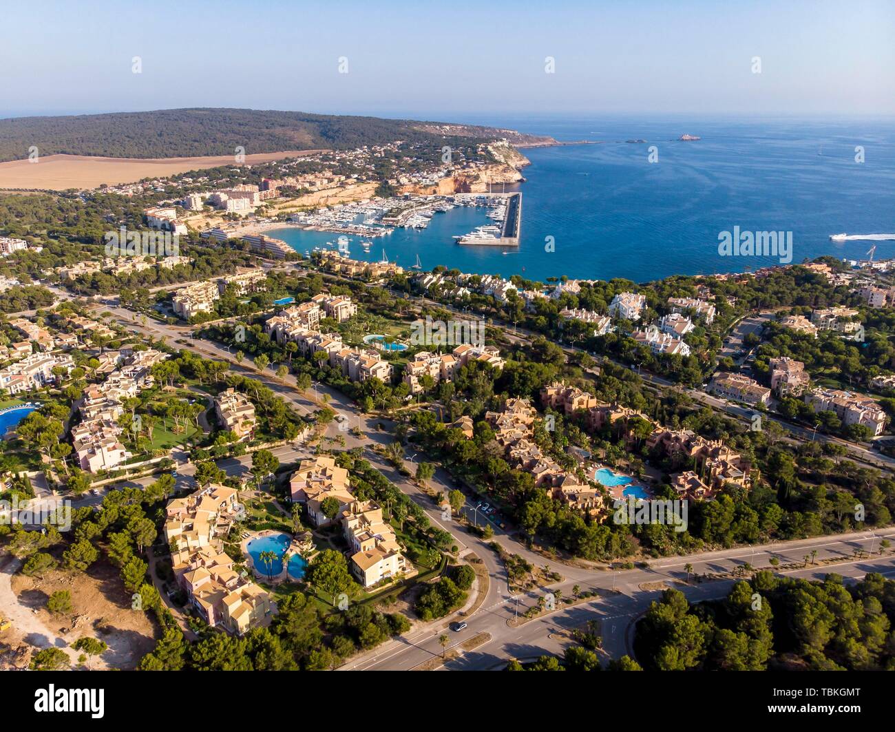 Aerial view, view over Santa Ponca with villas to the marina Port Adriano, Majorca, Balearic Islands, Spain Stock Photo