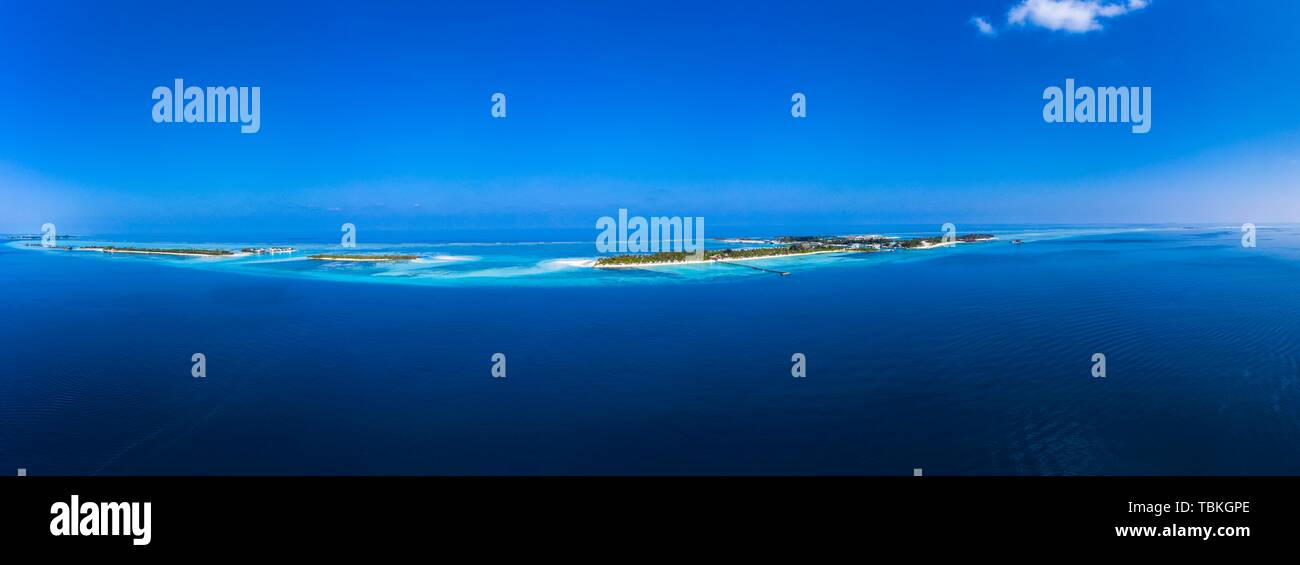 Aerial view, lagoon of the Maldives island Olhuveli and Bodufinolhu respectively Fun Island Resort, South-Male-Atoll, Maledives Stock Photo