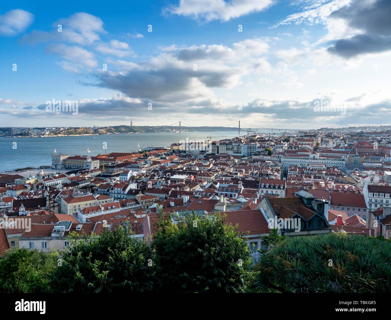 City view with bridge Ponte 25 de Abril over river Tejo, view from
