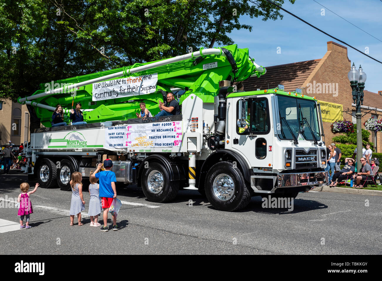 Pumper truck of North Pacific Concrete Pumping in the 2019 Lynden Farmers Day Parade.  Lynden, Washington Stock Photo