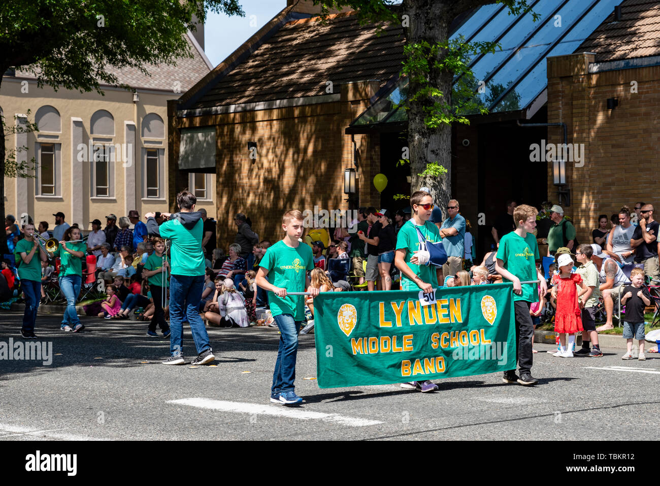 Lynden Middle School Band marches in the 2019 Lynden Farmers Day Parade.  Lynden, Washington Stock Photo